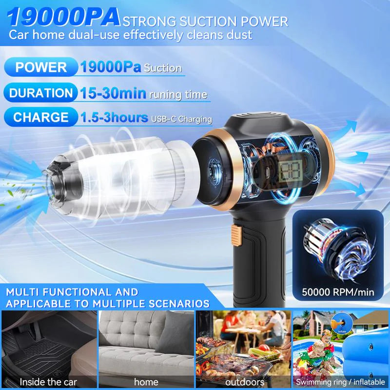 Belibuy 6-in-1 Handheld Cordless Car Vacuum Cleaner with Smart Display - 19000Pa Powerful Portable Solution for Home, Office, and Pet Care